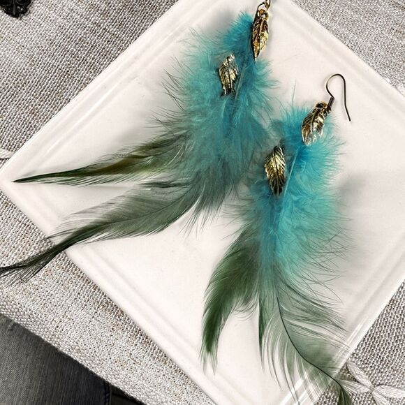 Free People Blue and Gold Feather Earrings - Picture 1 of 10